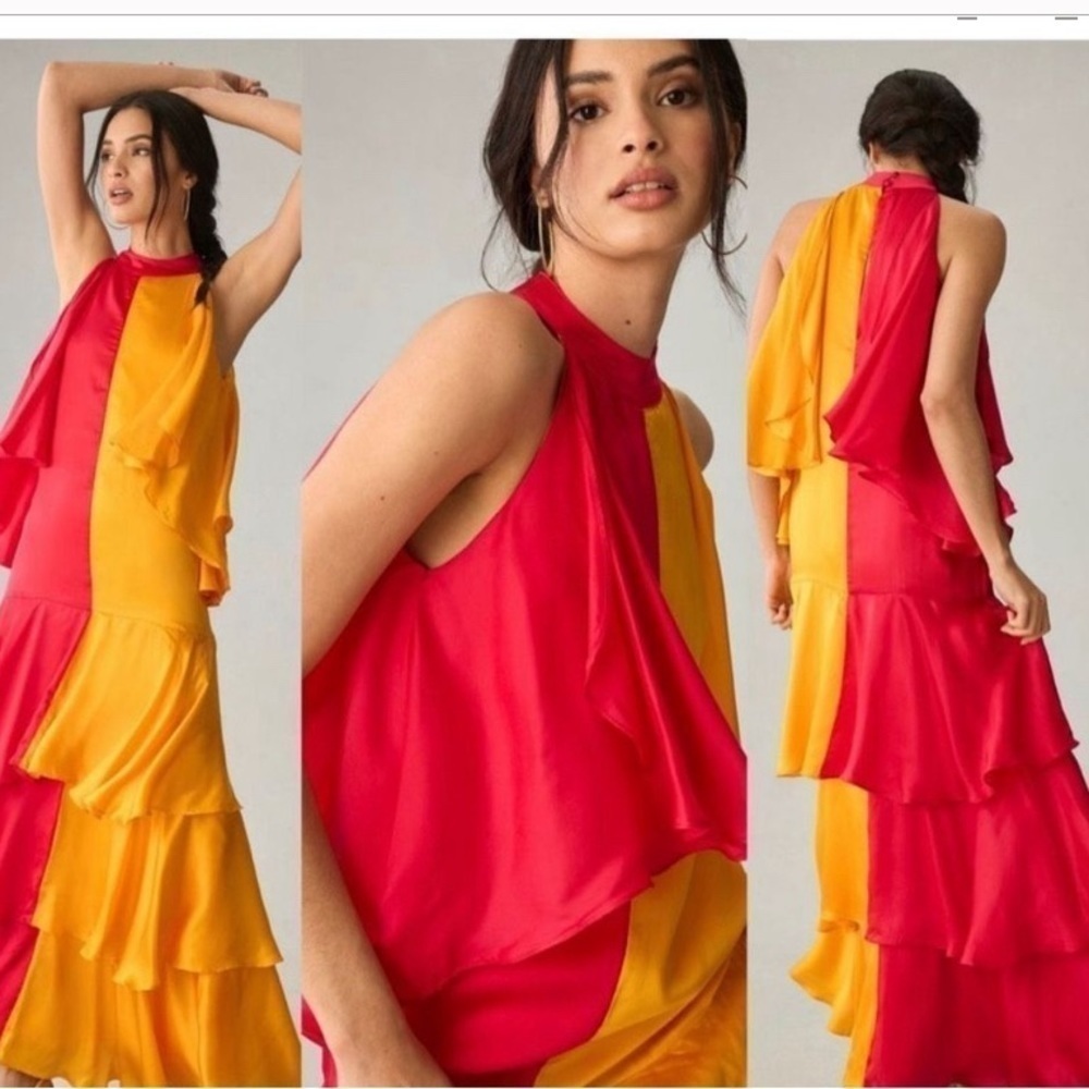 ANTHROPOLOGIE maxi PINNACLE MOCK-NECK RUFFLE DRESS summer wedding guest - Picture 2 of 11